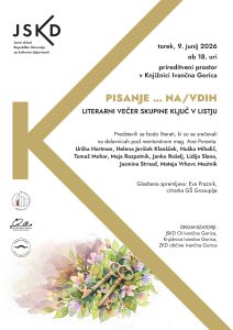 Plakat za literarni večer ob izidu pesniške zbirke »Na/vdih« avtorice Ksenije Nanut. Dogodek bo v torek, 9. junija 2026, ob 18. uri v prireditveni prostorih knjižnice Franca Goriča. Na plakatu je velik zlato-rjav geometrijski motiv črke K, naslov zbirke v rumeni in beli barvi ter seznam sodelujočih literatov. Spodaj je ilustracija šopka cvetja v pastelnih barvah. V levem zgornjem kotu je logotip JSKD, spodaj pa logotipi organizatorjev in partnerjev dogodka.