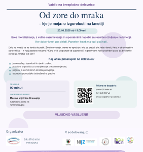 Plakat za brezplačno delavnico »Od zore do mraka – kje je meja: o izgorelosti na kmetiji«, ki bo 23. oktobra 2026 ob 19.00 v Mestni knjižnici Grosuplje. Delavnica bo trajala 90 minut in bo obravnavala znake izgorelosti, zmanjševanje preobremenjenosti, izzive kmečkega življenja ter skrb zase. Prijava je mogoča prek QR-kode, telefona 041 449 567 ali e-pošte smarje-sap@novi-paradoks.si. Organizator je Društvo Novi Paradoks v sodelovanju z Občino Grosuplje, NIJZ in drugimi partnerji.